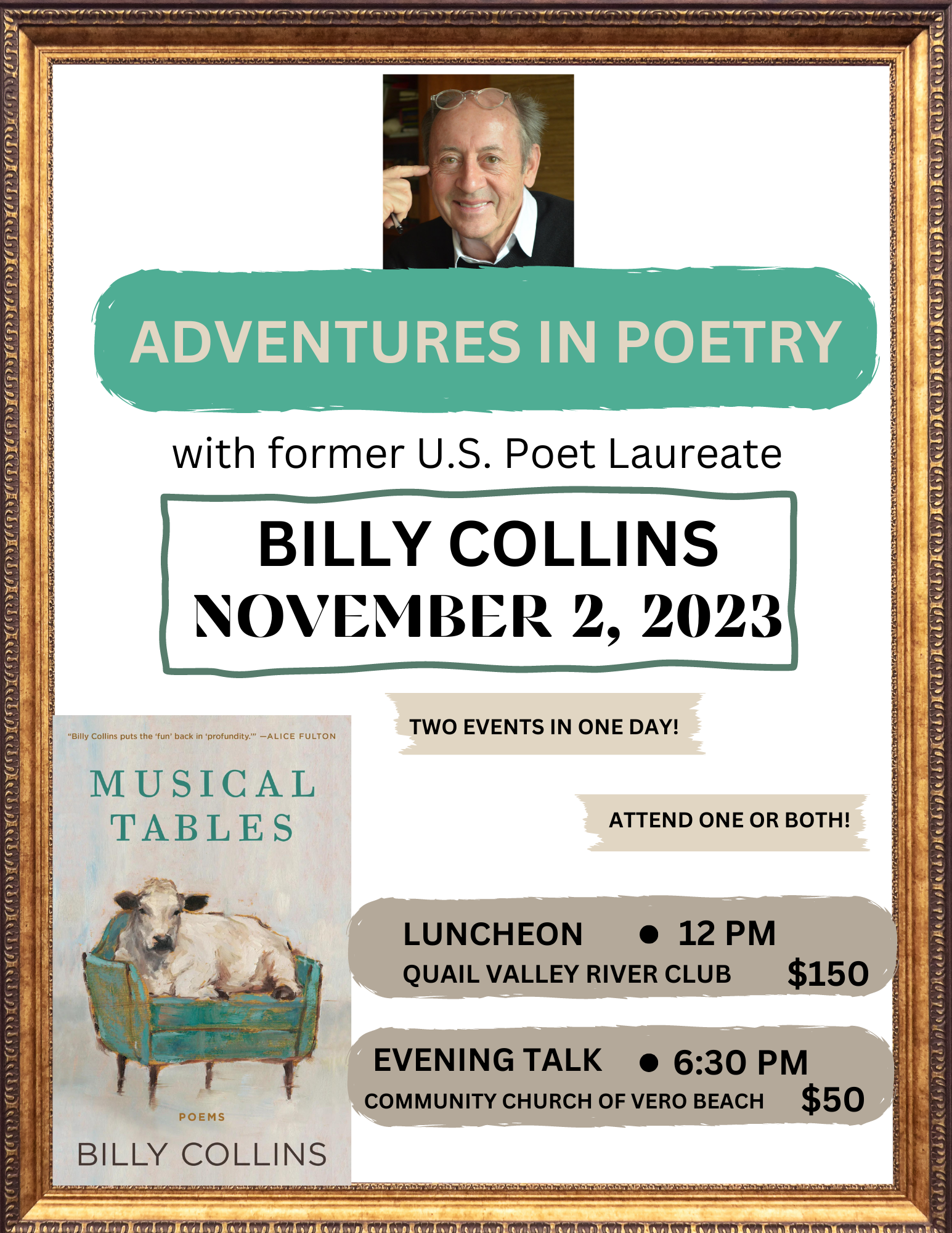 A flyer advertising the LRJF's special event featuring former US Poet Laureate Billy Collins, held on November 2nd, 2023. The event is titled "Adventures in Poetry". The events were hosted at Quail Valley River Club, and the Community Church of Vero Beach.