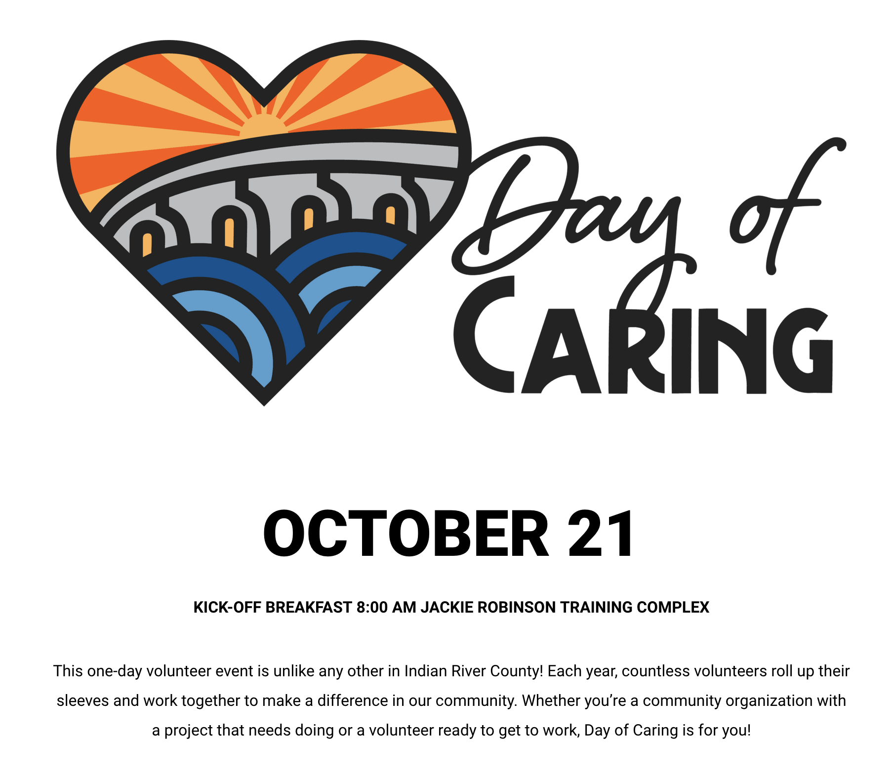 The logo for the Day of Caring event. The event begins October 21st, 2023, at 8am in the Jackie Robinson Training Complex. The flyer reads 