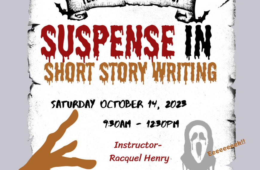 A poster advertising the foundation's Teen Writer's Worshop and its latest Halloween event; Suspense in Short Story Writing. The poster advertised the event for October 14th, 2023.