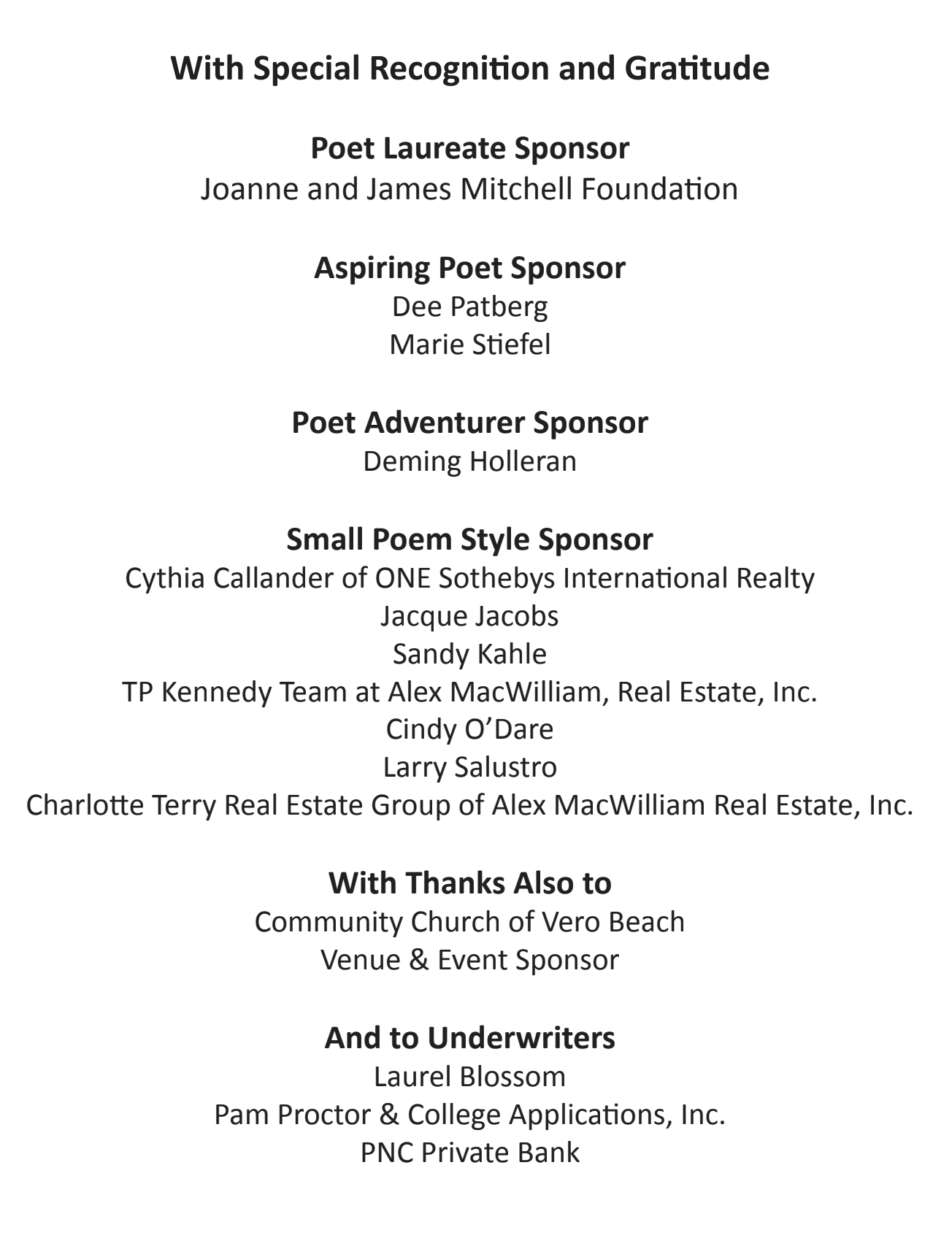 Thank you Billy Collins Event Sponsors!
